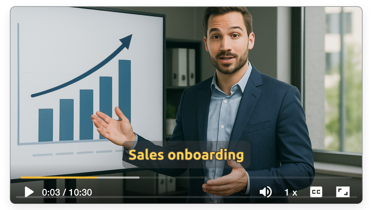 Sales onboarding video generator in Visla showing a presenter explaining sales processes with charts and visuals
